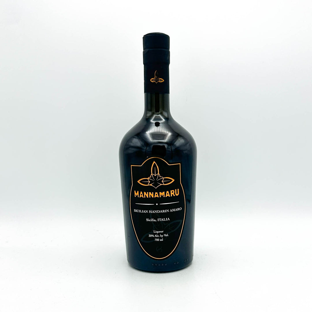 Black bottle of Mannamaru Amaro on a white background