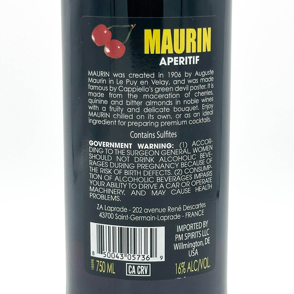 Back label of a Maurin aperitif bottle with text and branding.
