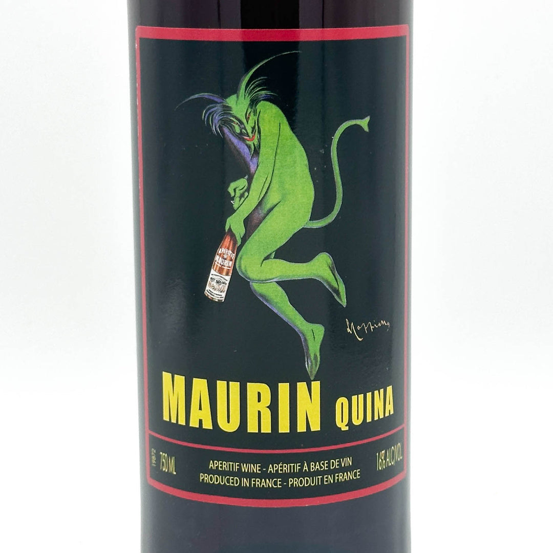 Maurin Quina wine bottle with green character illustration on a black background