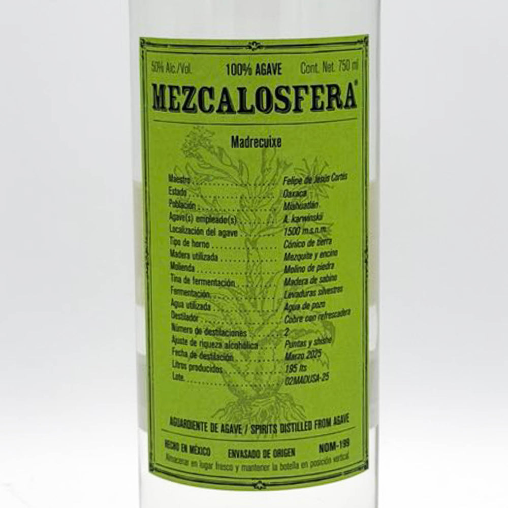 Bottle of Mezcalosfera with a green label on a white background