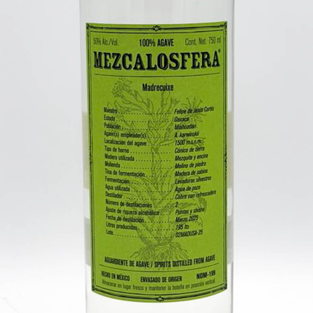 Bottle of Mezcalosfera with a green label on a white background