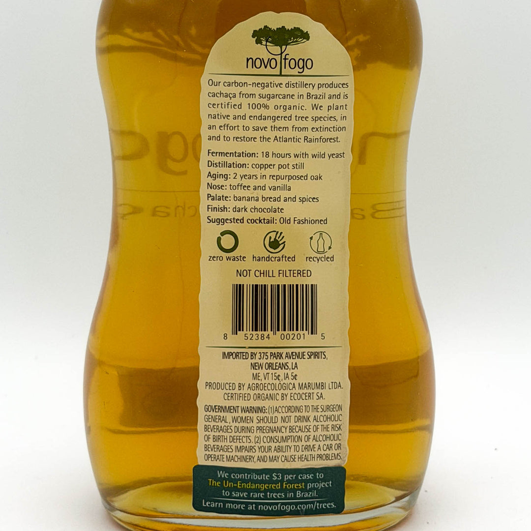 Bottle of novofogo Barrel-Aged Cacháça on a white background