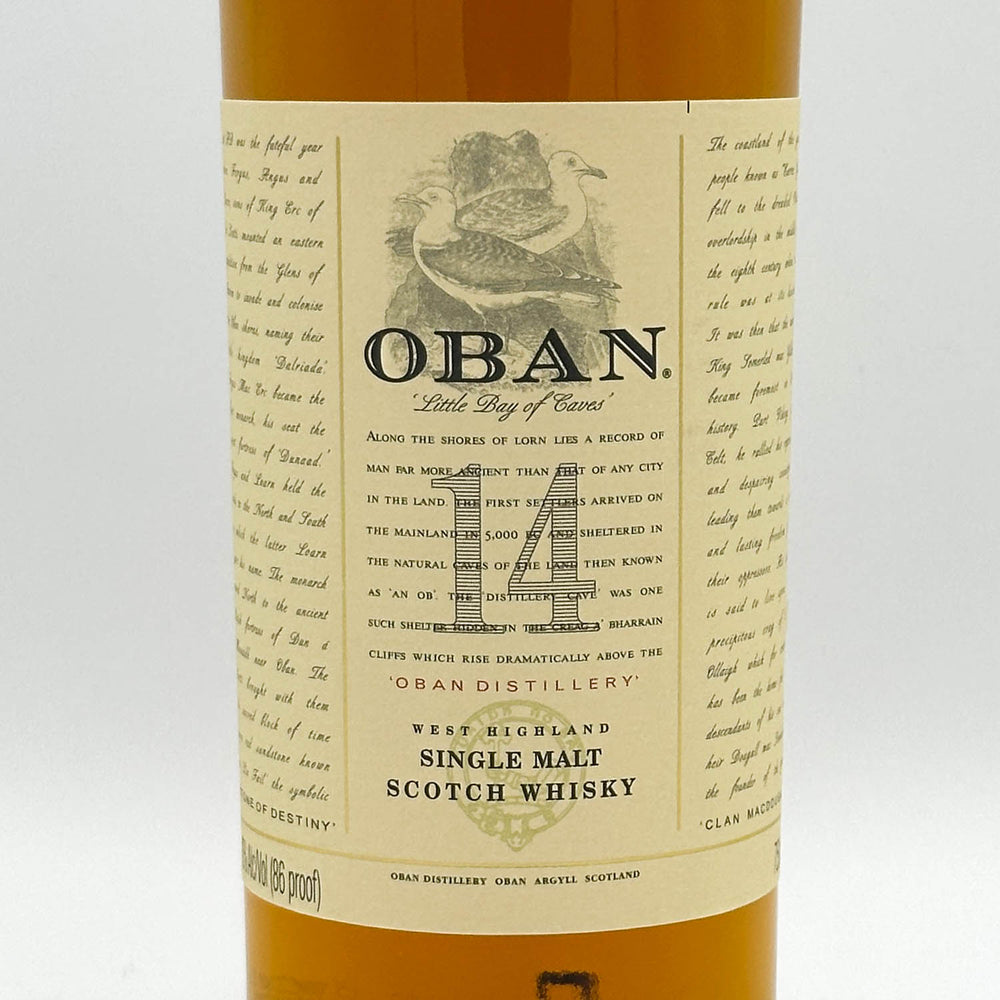 Oban 14-year-old single malt Scotch whisky bottle with label on a white background