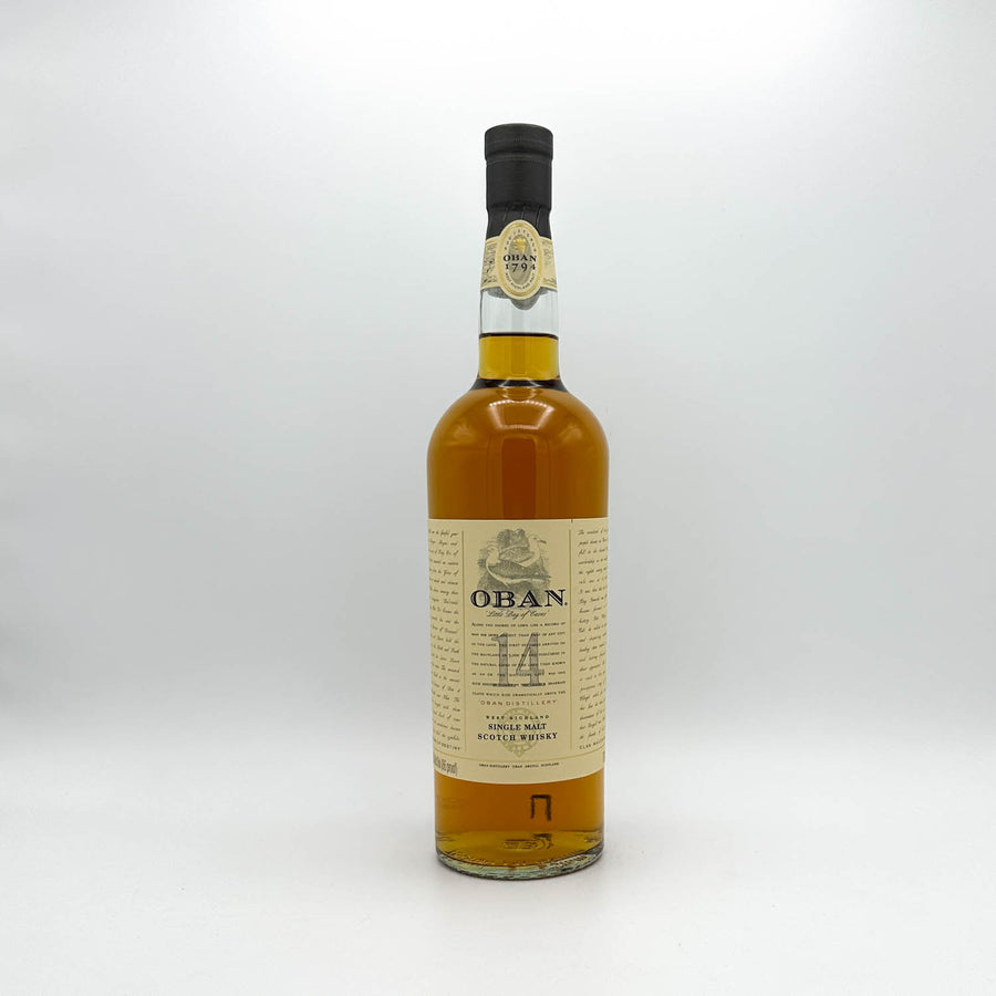 Oban 14-year-old whisky bottle on a white background