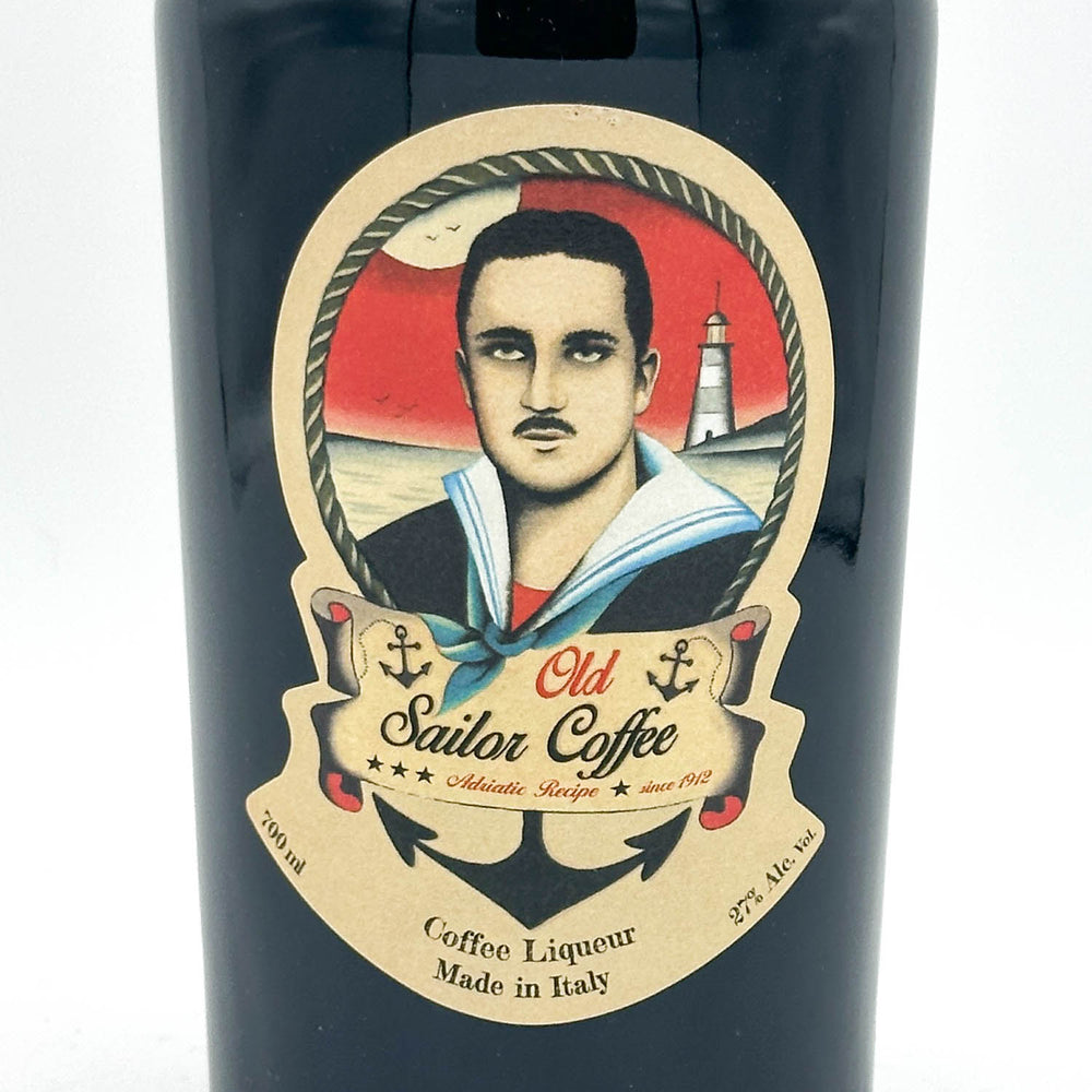 A close-up of a dark bottle labeled 'Old Sailor Coffee' coffee liqueur, featuring an illustrated sailor portrait on a cream label with red and blue details, against a white background.