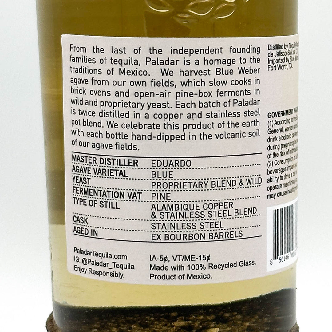 Back label of a Paladar tequila bottle with text and product details.