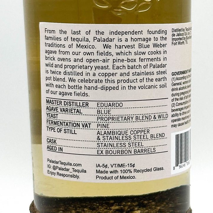 Back label of a Paladar tequila bottle with text and product details.
