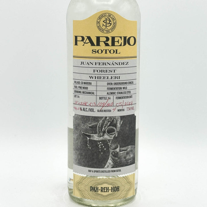 Parejo Sotol bottle with a detailed label on a white background
