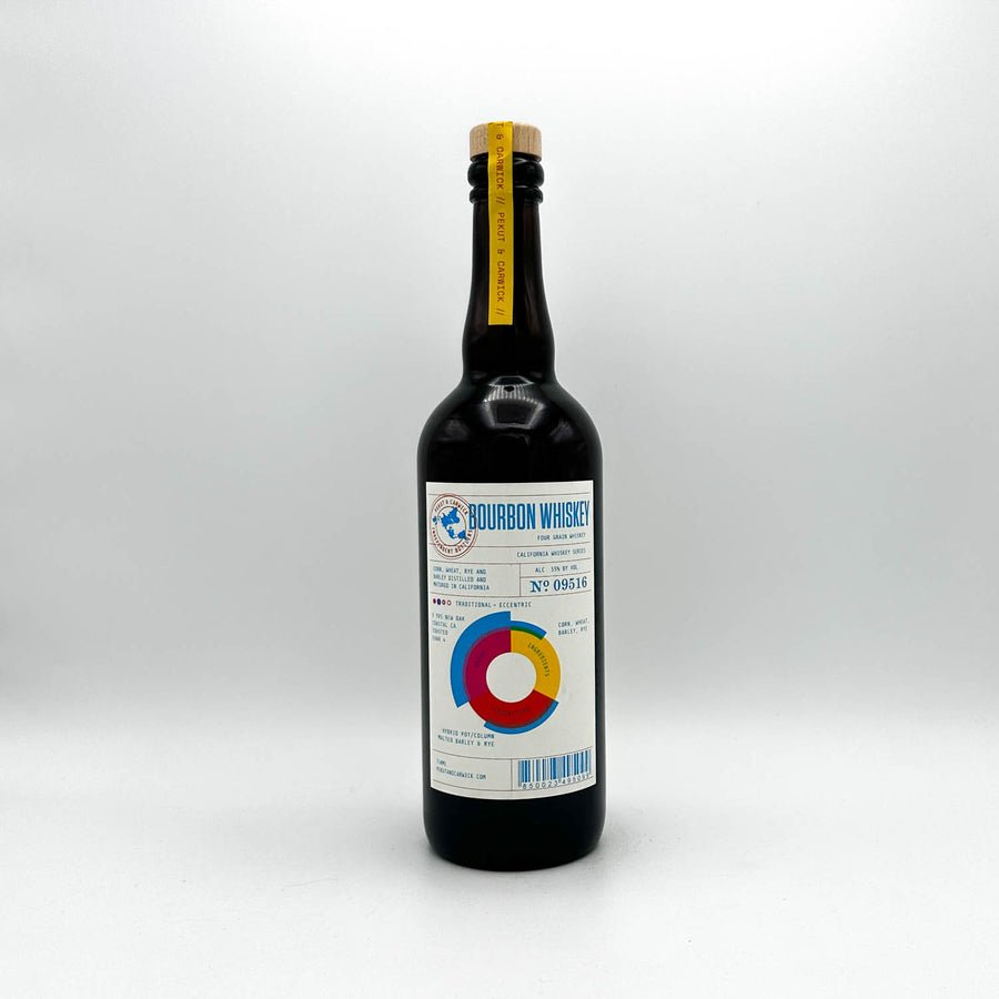 Bottle of bourbon whiskey with a colorful label on a white background