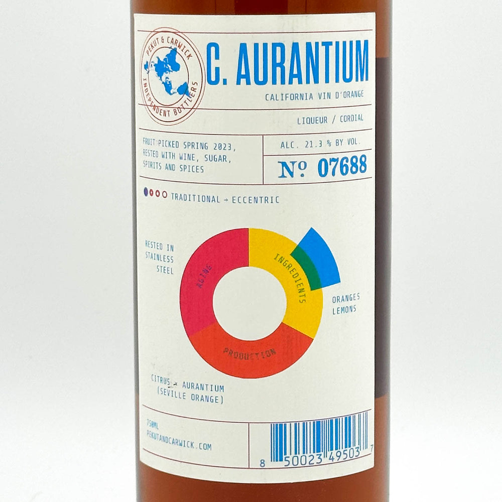 A close-up of a bottle label for C. Aurantium liqueur, showing the brand name, ingredients, a colorful circular diagram, and a barcode on a white background.