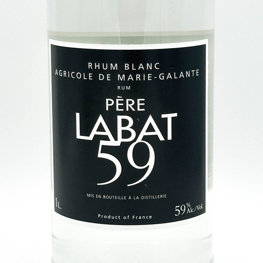 Pére Labat 59 rum bottle with black label on a white background
