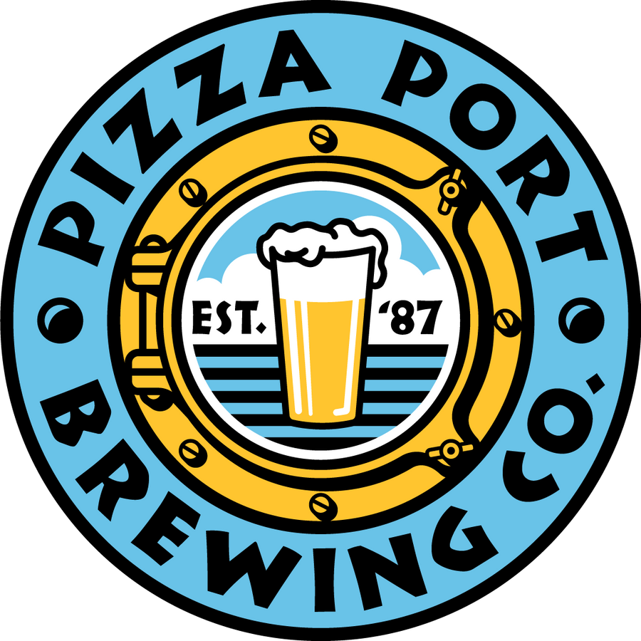 Circular Pizza Port Brewing logo with a frothy pint of beer and "EST '87" inside of a port window at the center of the photo.