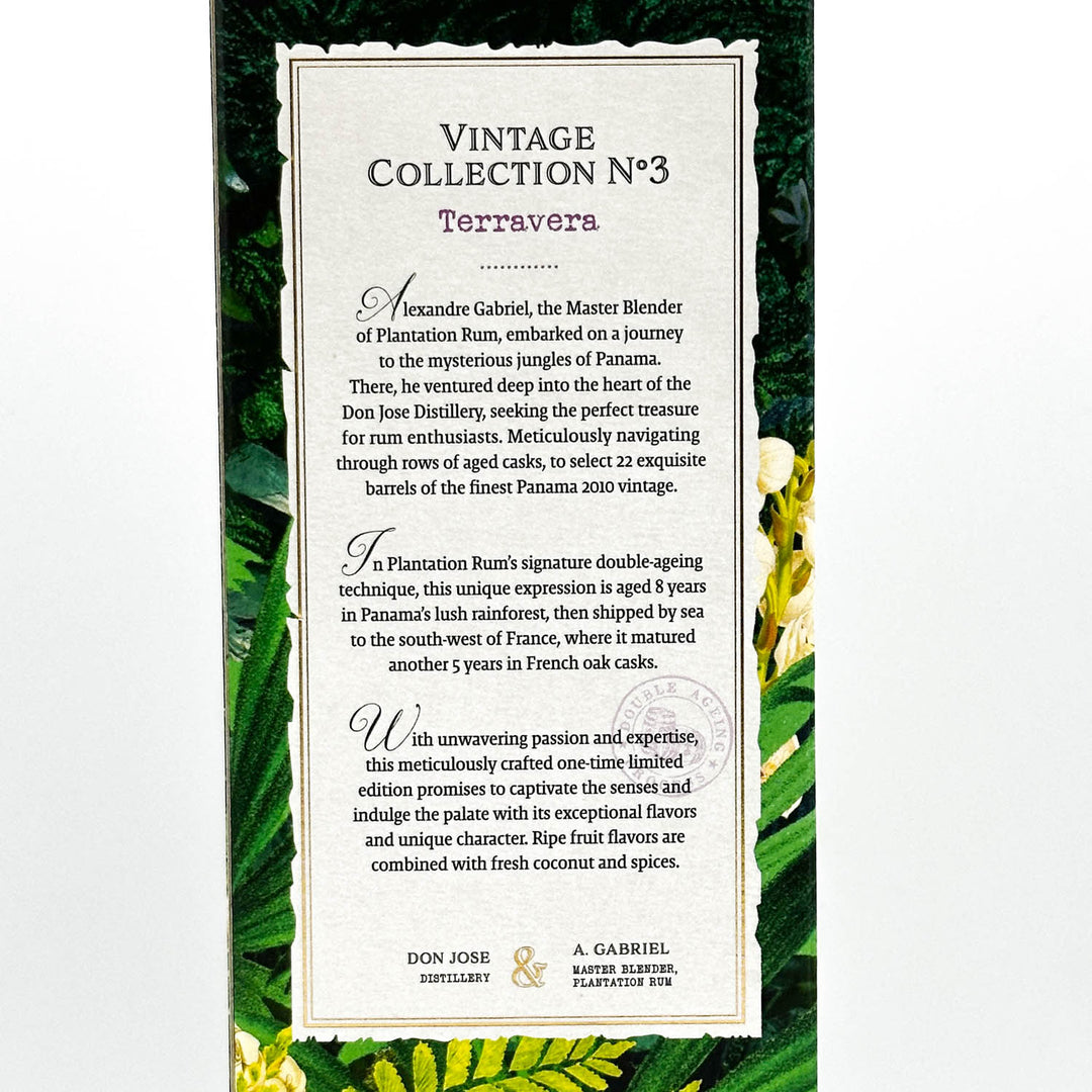 Vintage Collection No. 3 Terravera rum label with text and green leaf background