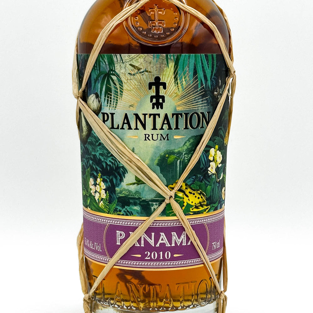 Plantation Rum Panama 2010 bottle with decorative rope on a white background