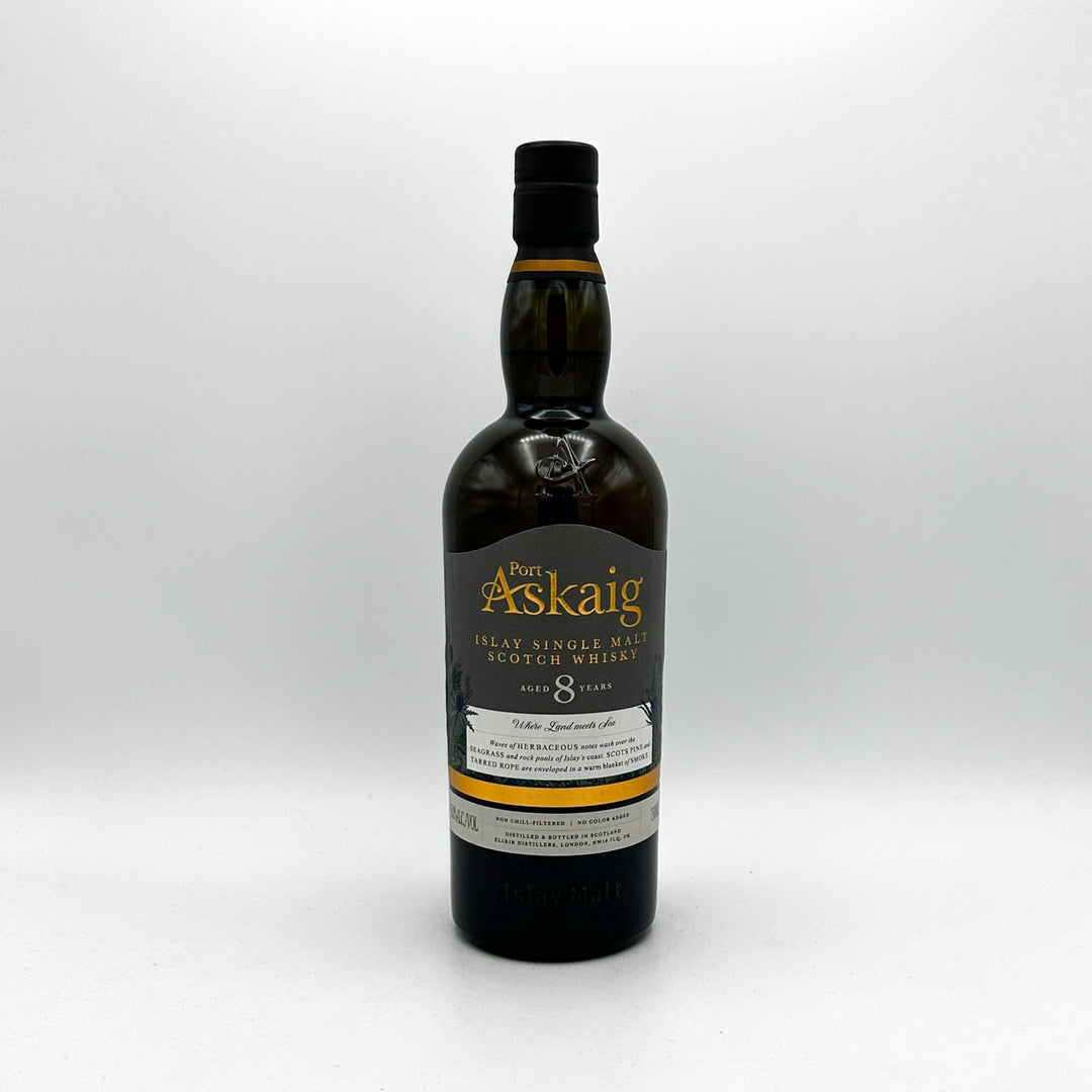 Port Askaig whisky bottle on a white background