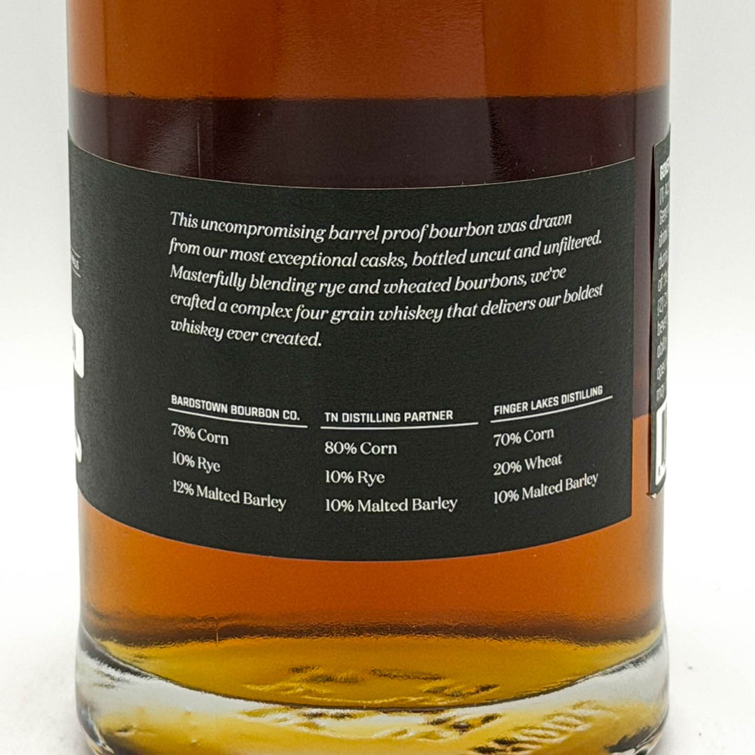 Bottle of bourbon with a black label on a white background