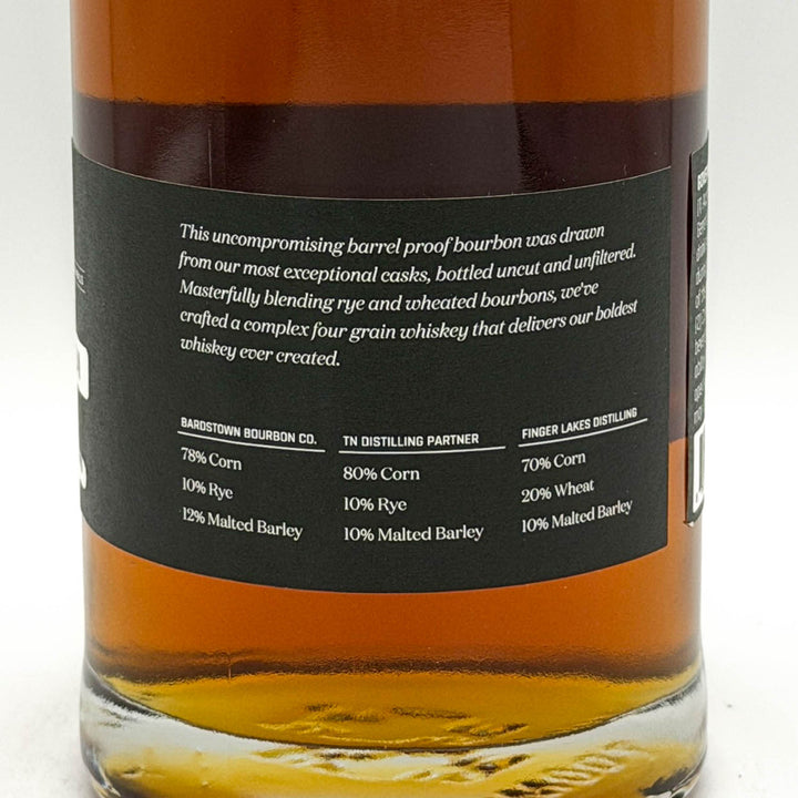 Bottle of bourbon with a black label on a white background