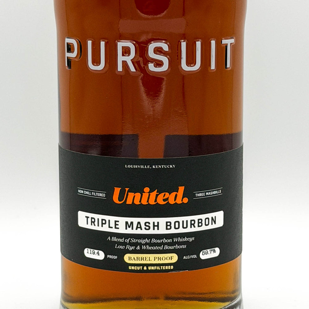 Bottle of Pursuit United Triple Mash Bourbon with a white background