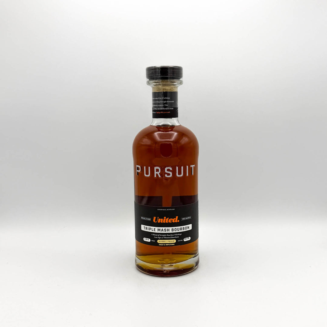 Bottle of Pursuit United Triple Mash Bourbon on a white background