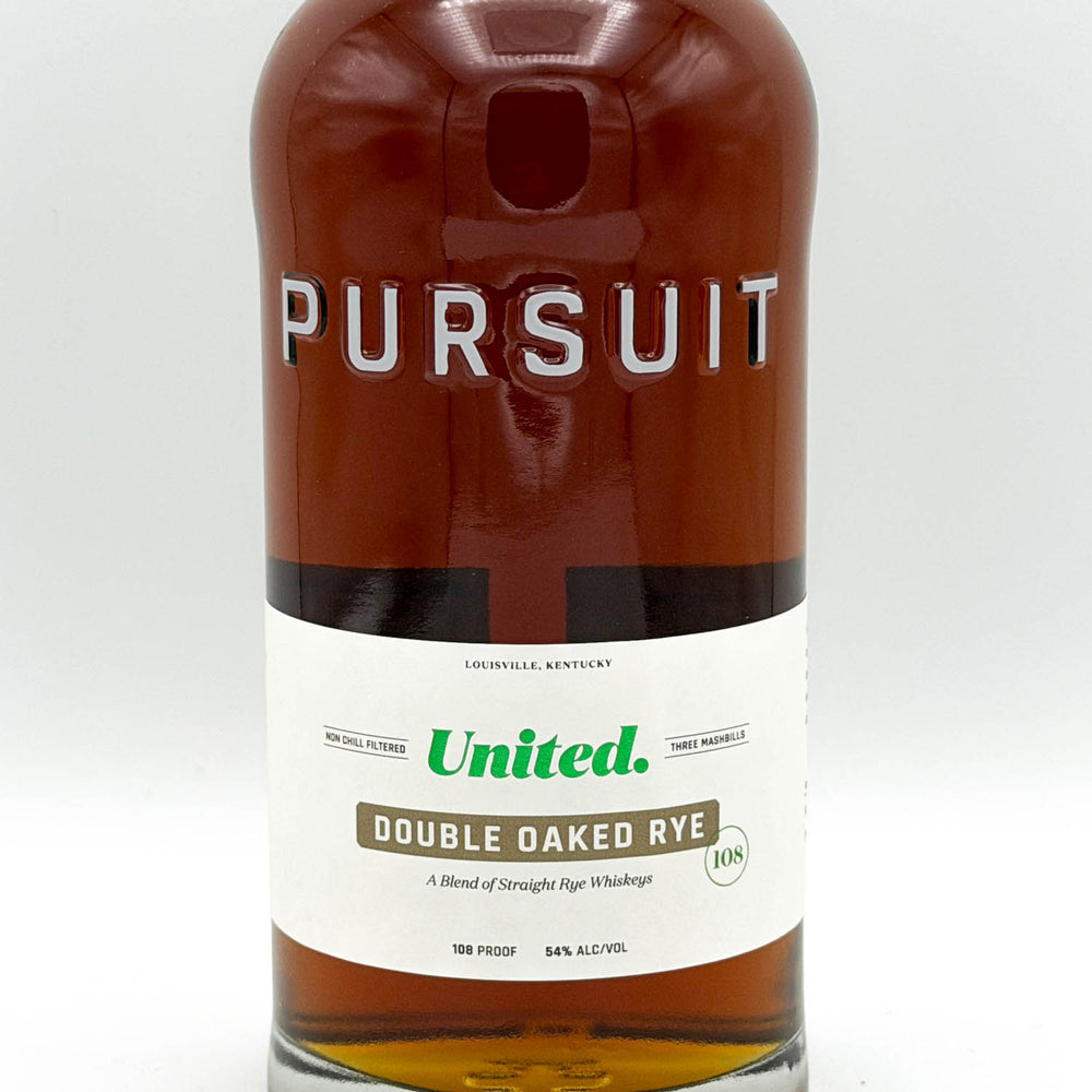 Bottle of Pursuit United Double Oaked Rye whiskey on a white background