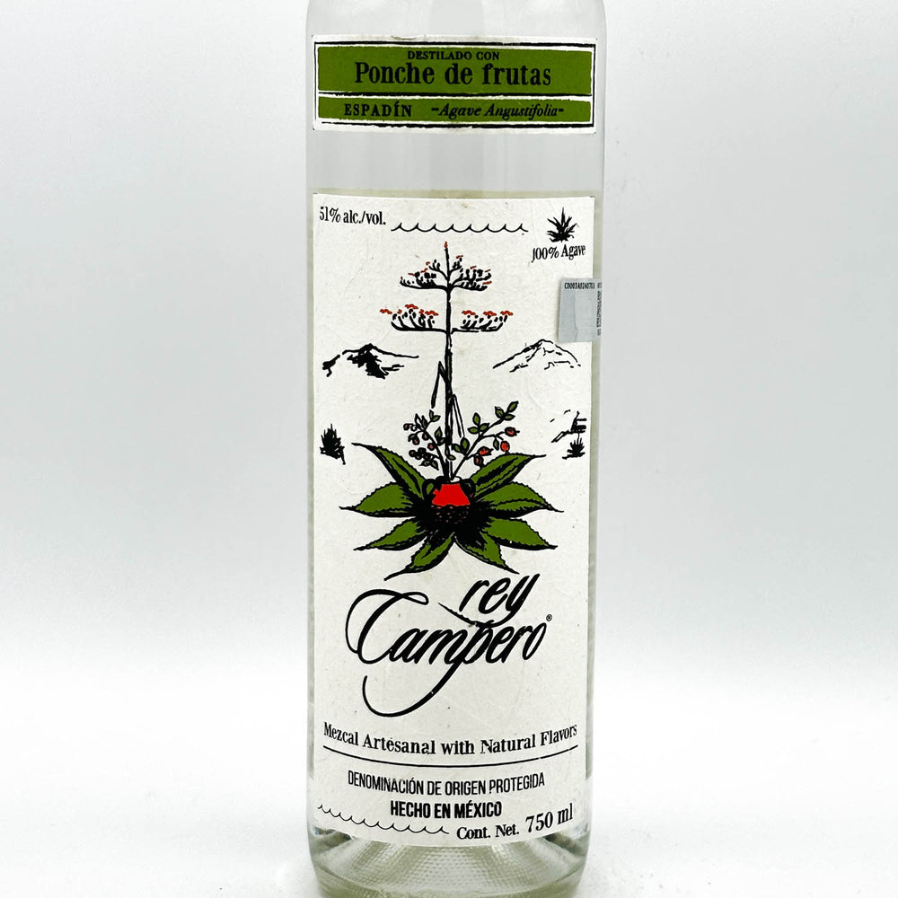Rey Campero ponche de frutas bottle with decorative label on a white background