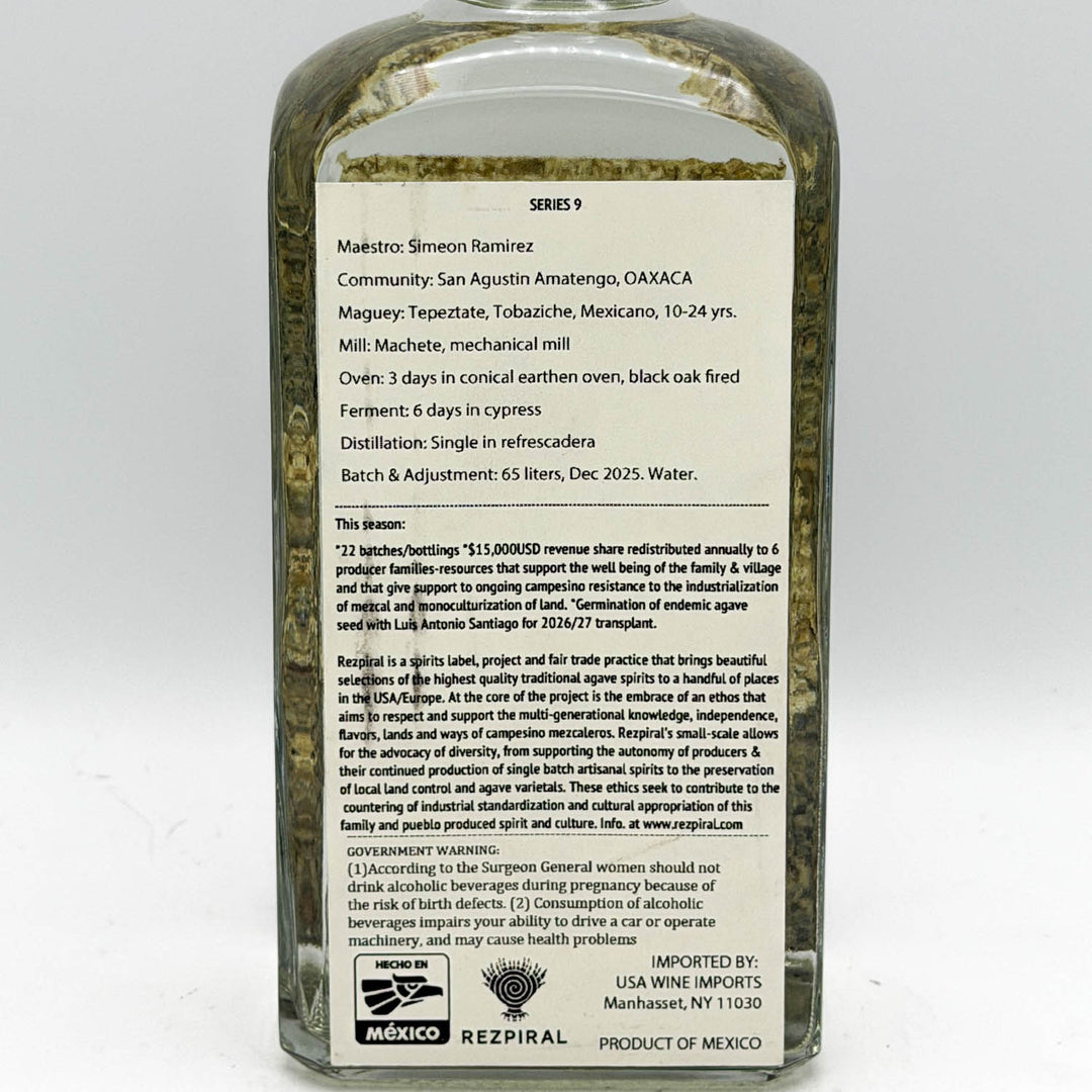 Back label of a Rezpiral tequila bottle on a white background