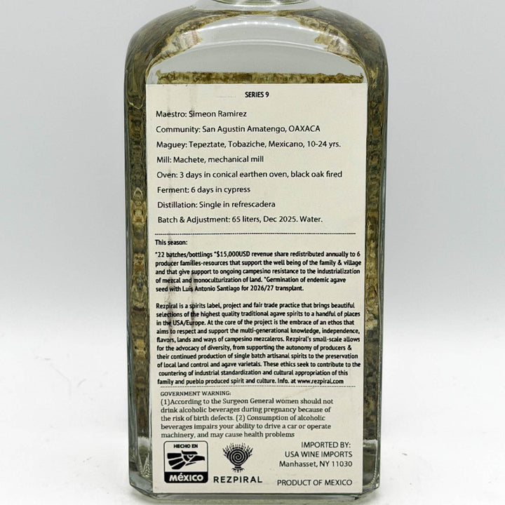 Back label of a Rezpiral tequila bottle on a white background
