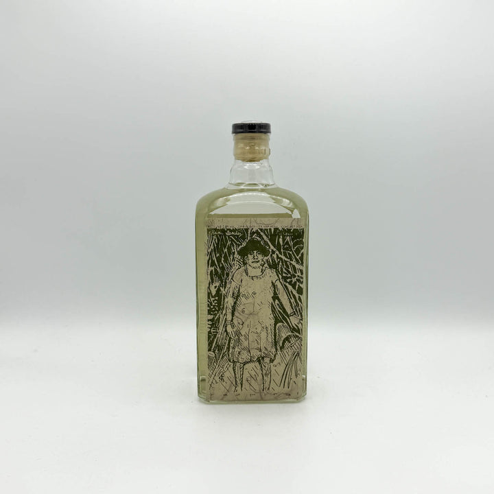 Vintage-style bottle with a printed design on a white background