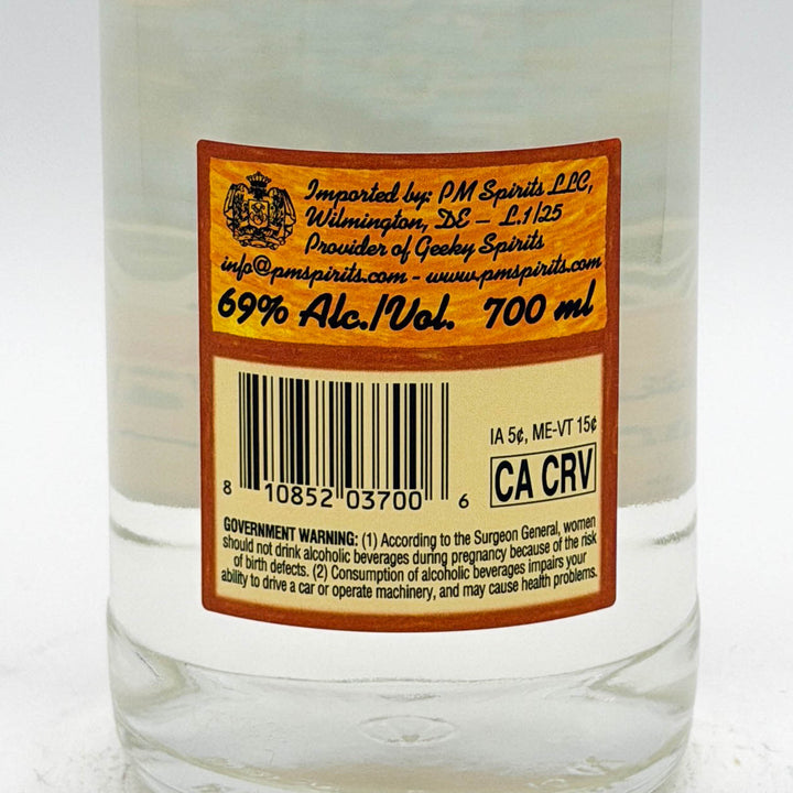 Alcohol bottle label with text and bar code on a white background
