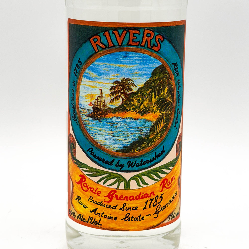 Rivers Royale Grenadian Rum bottle with colorful label on a white background