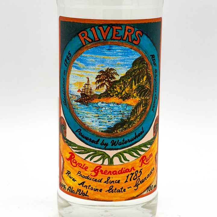 Rivers Royale Grenadian Rum bottle with colorful label on a white background