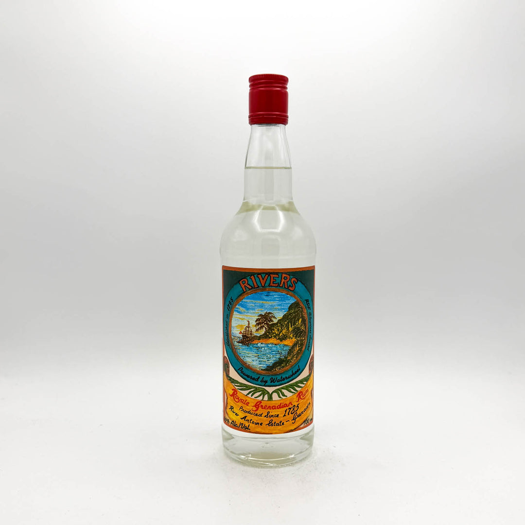 Bottle of Rivers rum with a colorful label on a white background