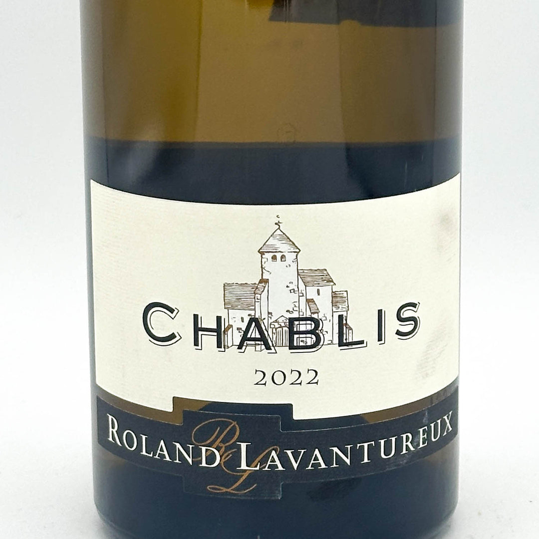 Wine bottle labeled 'Chablis 2022' by Roland Lavantureux on a white background