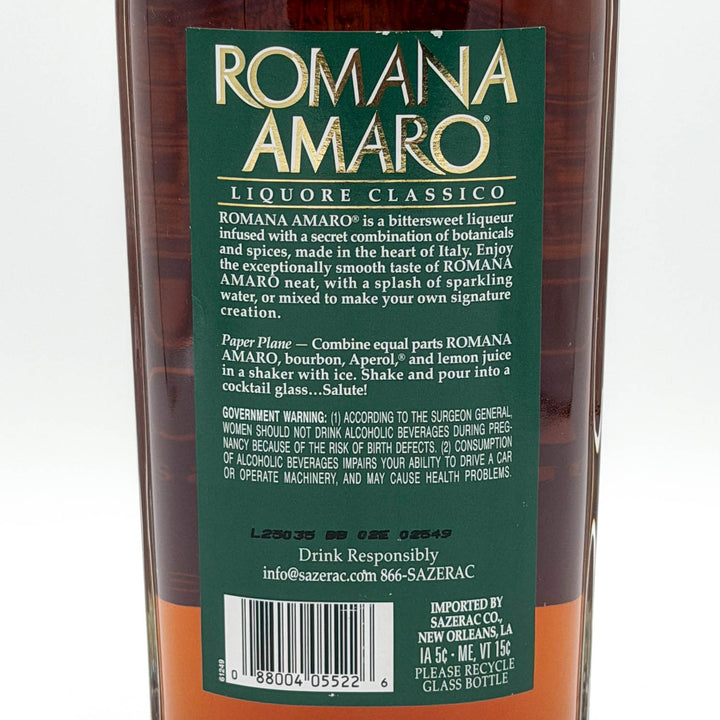 Bottle of Romana Amaro with a green label on a white background