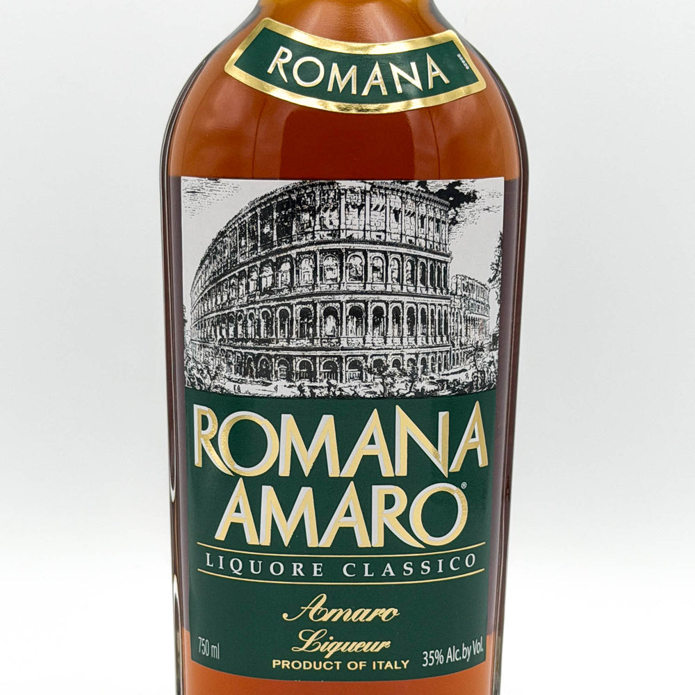 Bottle of Romana Amaro liqueur with Colosseum illustration on label