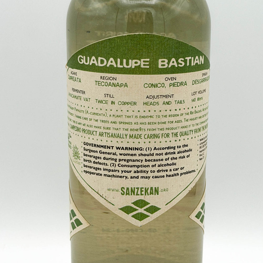 Bottle of Guadalupe Bastian with a detailed label on a white background