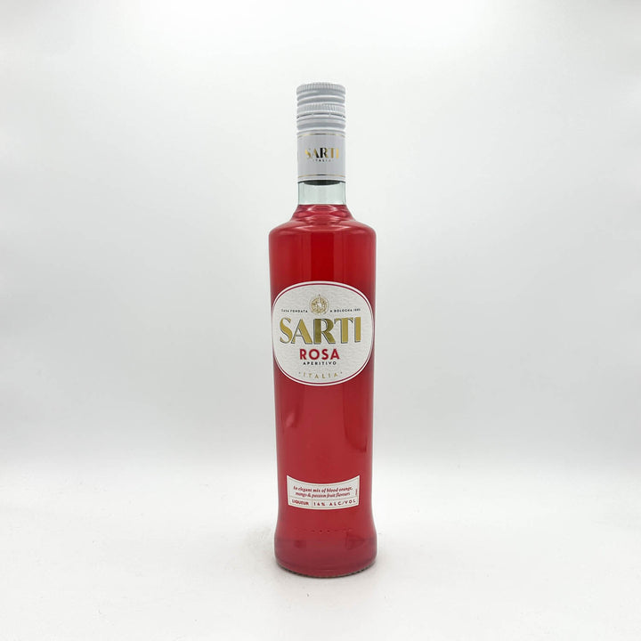 A bottle of Sarti Rosa Vodka Italian liqueur with vibrant red liquid, a white and gold label, and a silver cap, set against a plain white background.