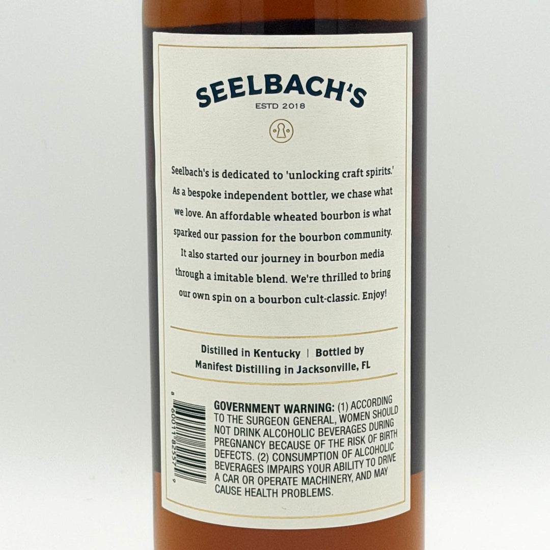 Bottle label of Seelbach's bourbon with text and branding details.