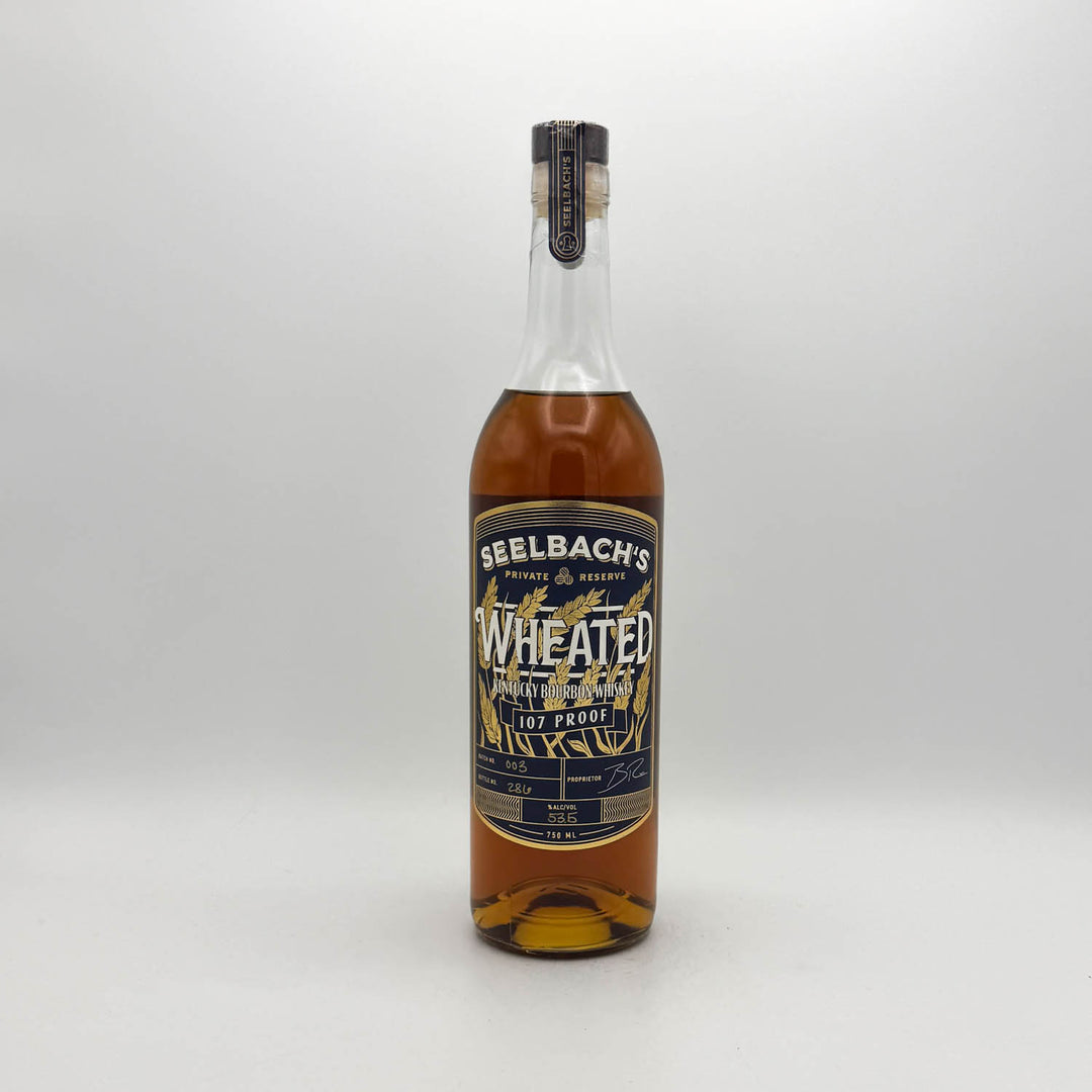 Bottle of Seelbach's Wheated whiskey on a white background
