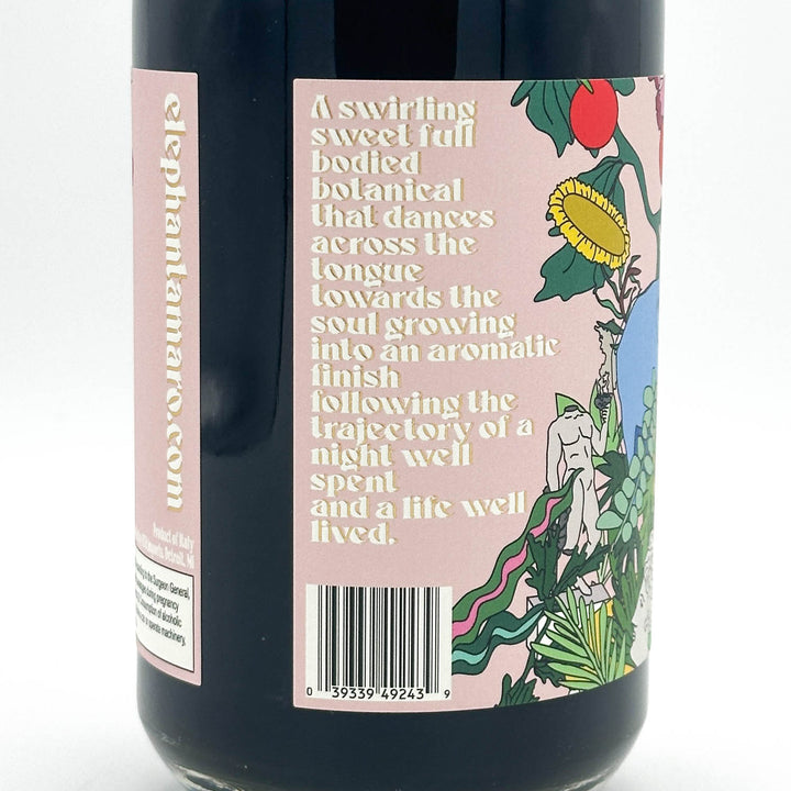 Wine bottle label with artistic design and text on a white background