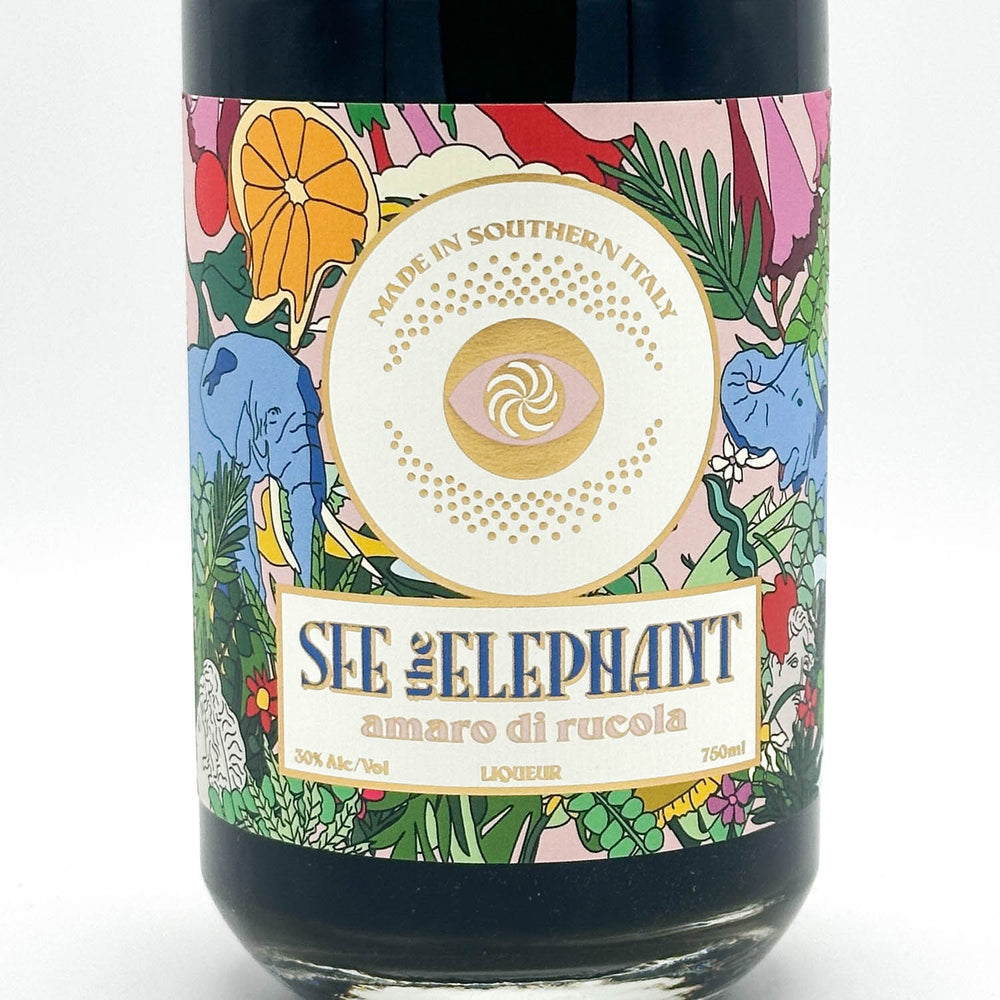 Bottle of 'Sif The Elephant' amaro di rucola with colorful label on a white background