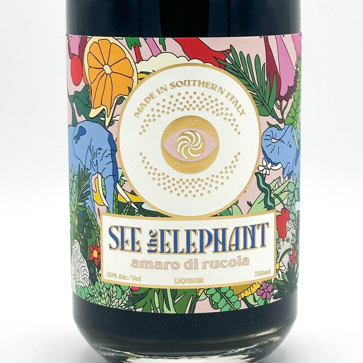 Bottle of 'Sif The Elephant' amaro di rucola with colorful label on a white background