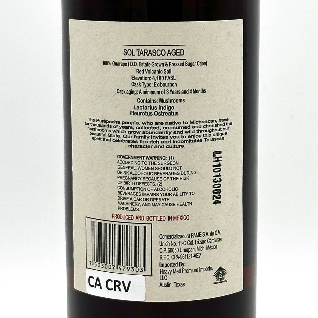 Back label of a Sol Tarasco Aged guayusa product with text and branding.