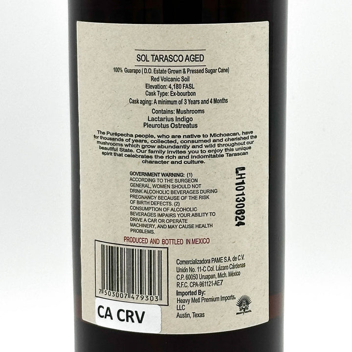 Back label of a Sol Tarasco Aged guayusa product with text and branding.