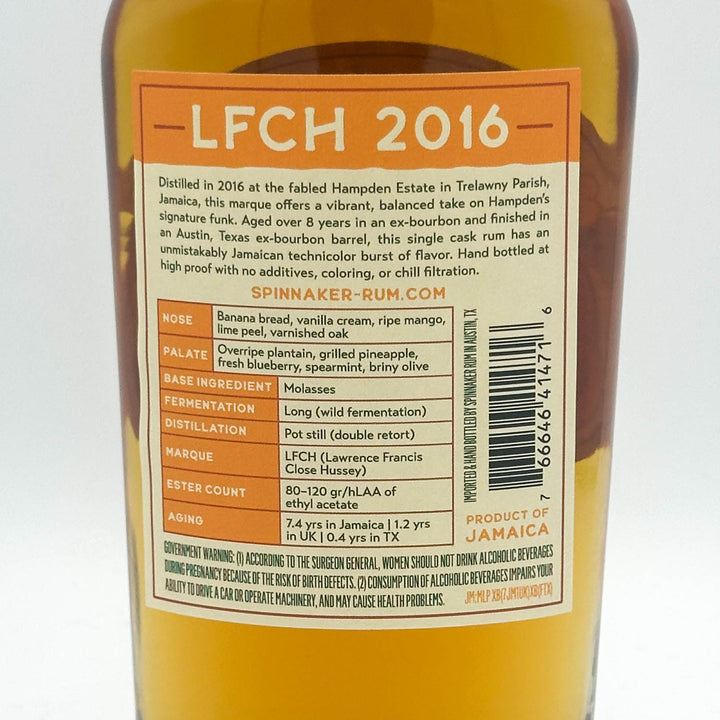 Bottle label of LFCH 2016 rum with detailed information on a white background