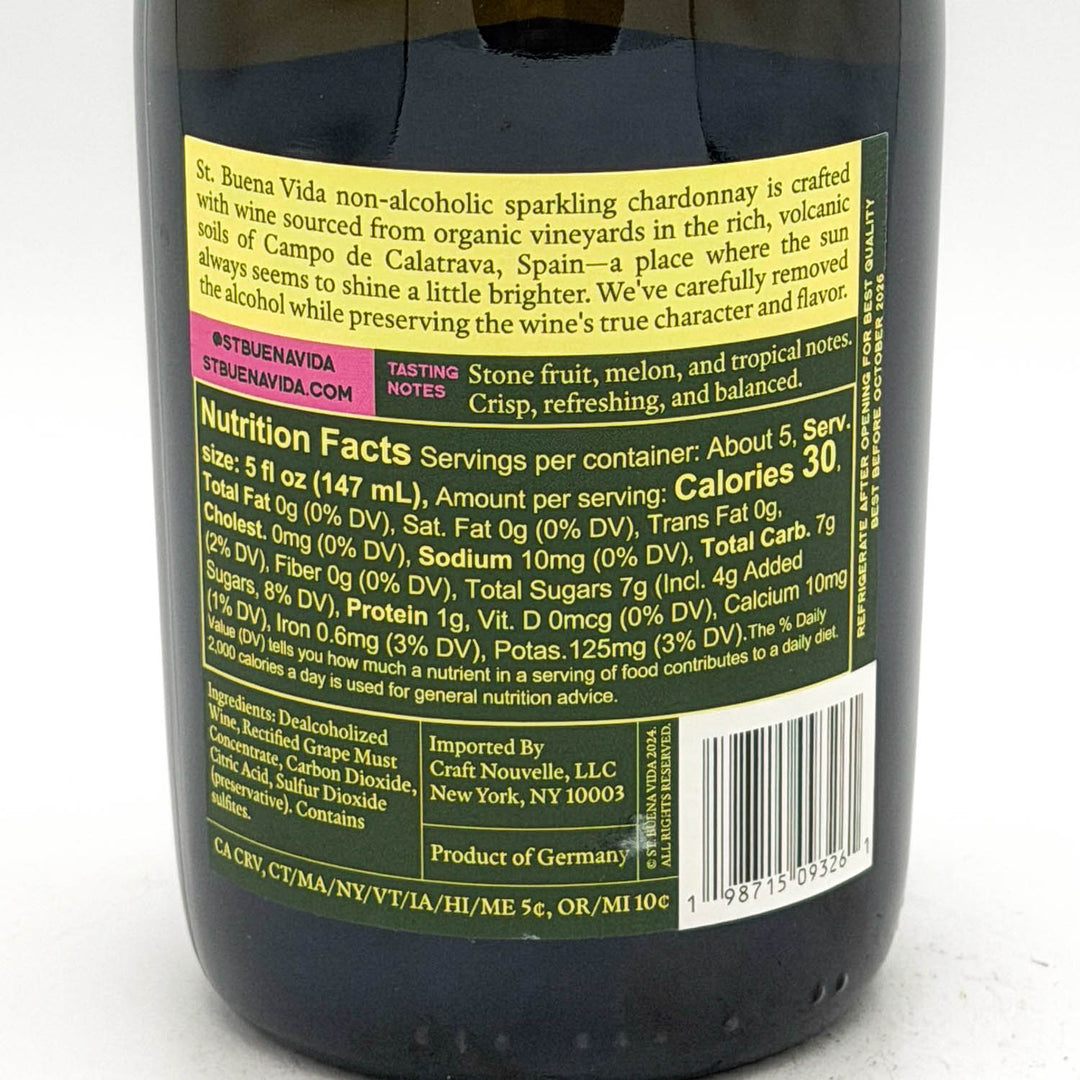 Back label of a non-alcoholic sparkling chardonnay bottle with nutritional information.