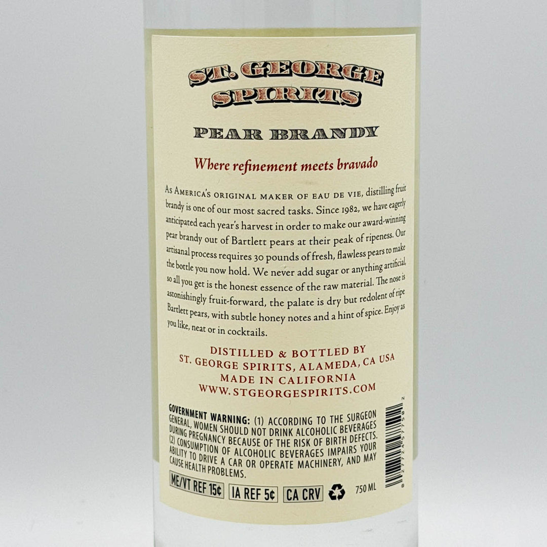 Back label of St. George Spirits Pear Brandy bottle