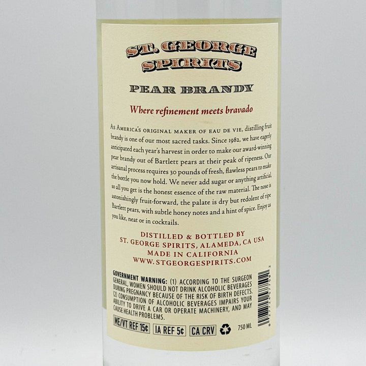 Back label of St. George Spirits Pear Brandy bottle