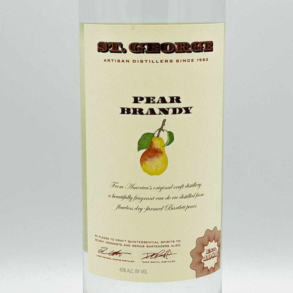 St. George Pear Brandy label on a white background