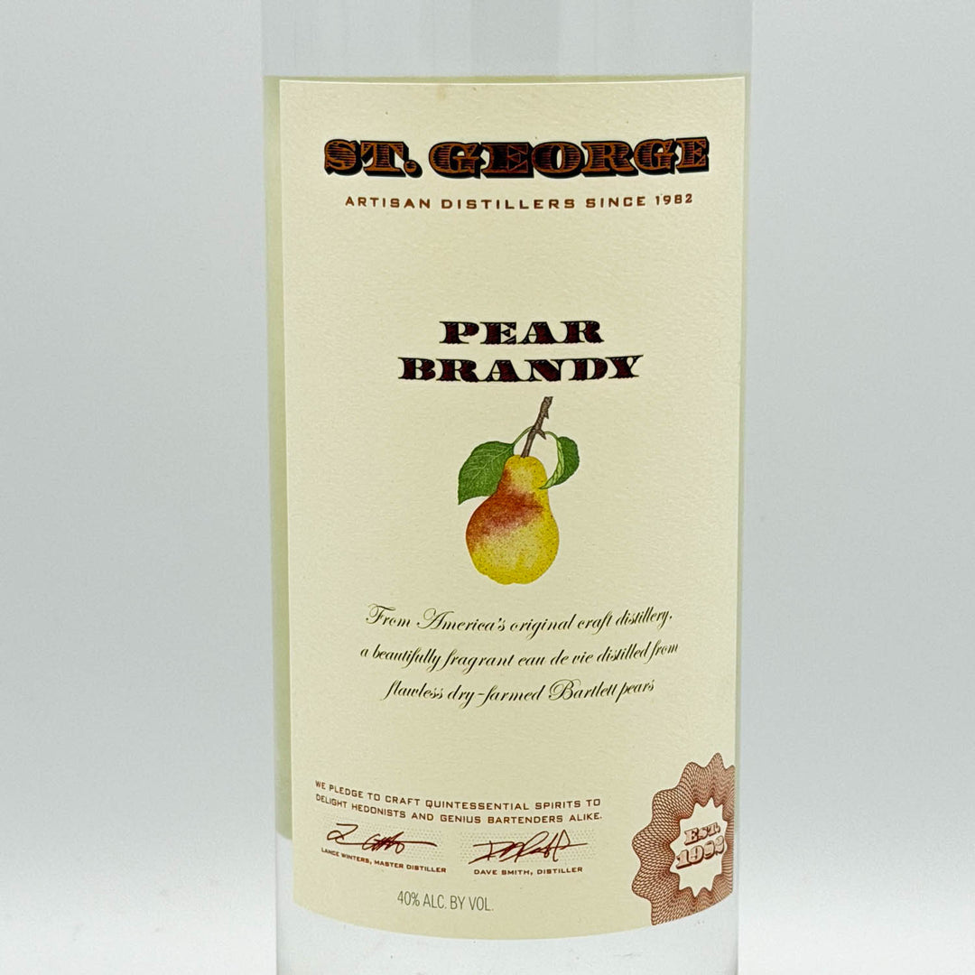 St. George Pear Brandy label on a white background